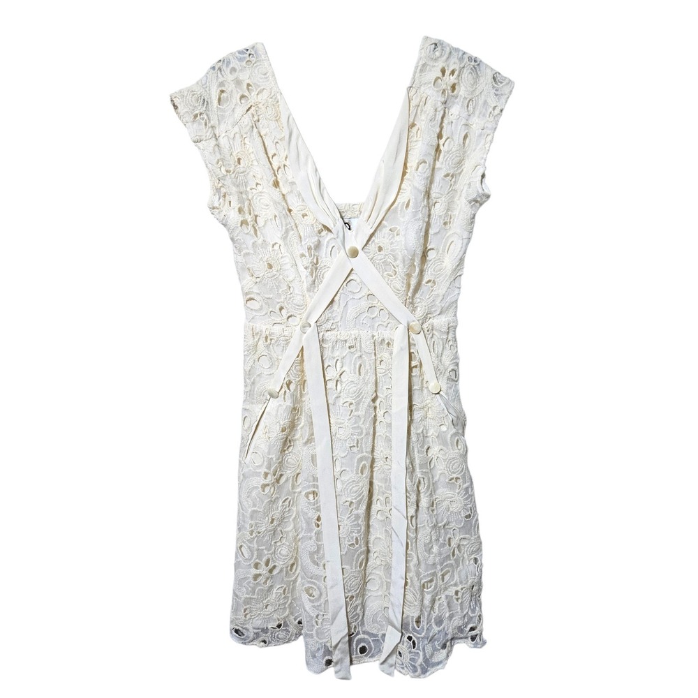 Mayle Cream Floral Eyelet Lace Mini Dress -Boho Chic V-Neck 100% Silk Lined Sz 2